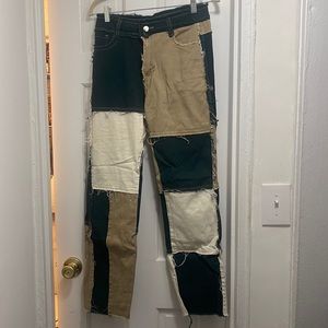 Patchwork Green/Tan/Cream Raw Hem Pants